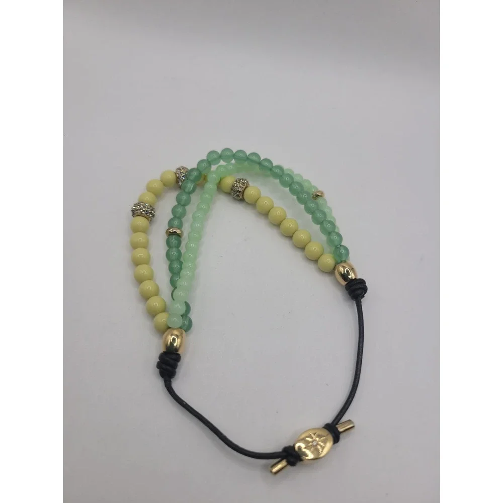 Fossil Green Yellow Multi Strand Beaded Bracelet Gold Tone Crystal Accent Slide